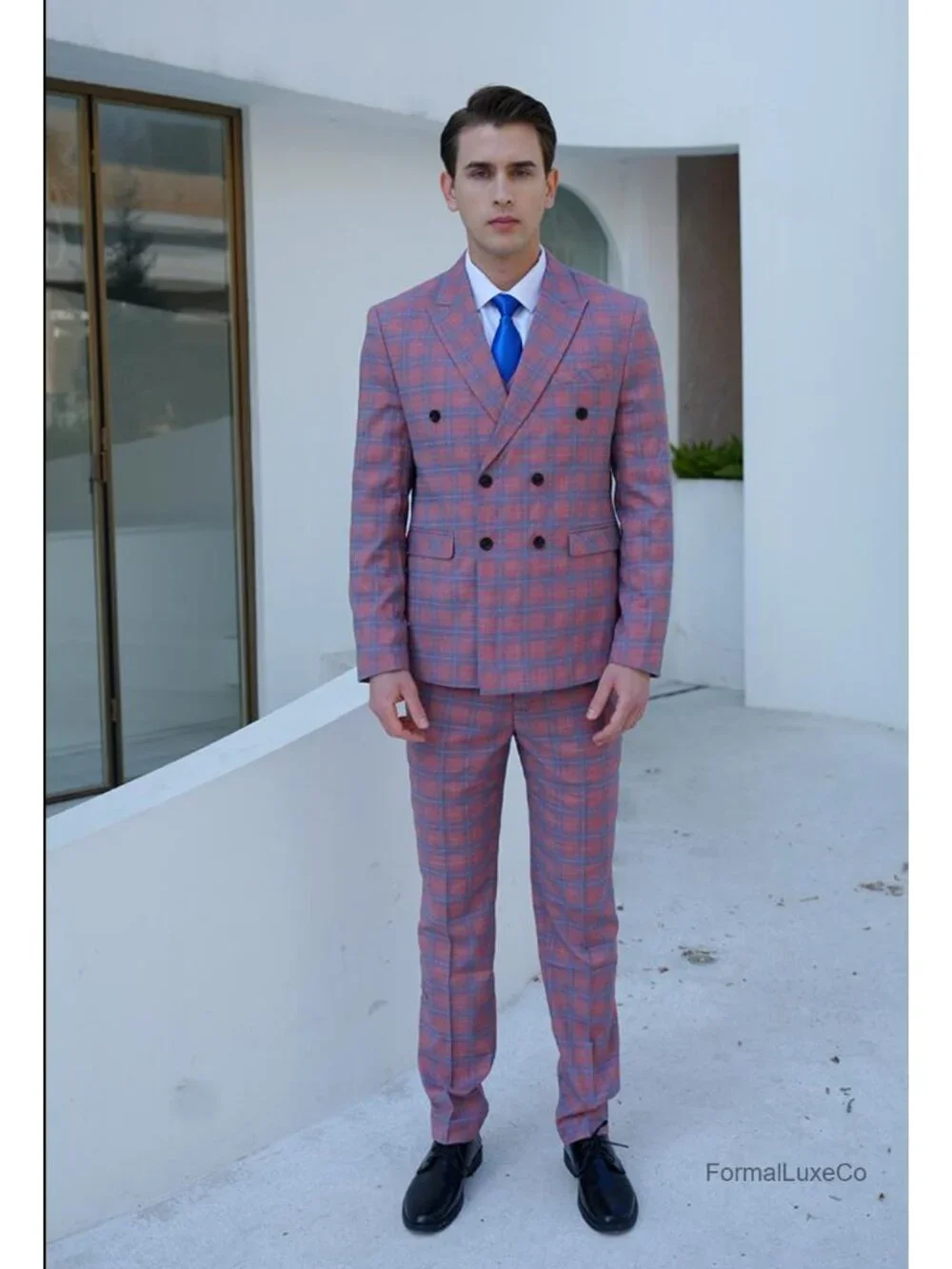 Men's Plaid Double Breasted 2-Piece Suit Set with Jacket & Pants for Prom